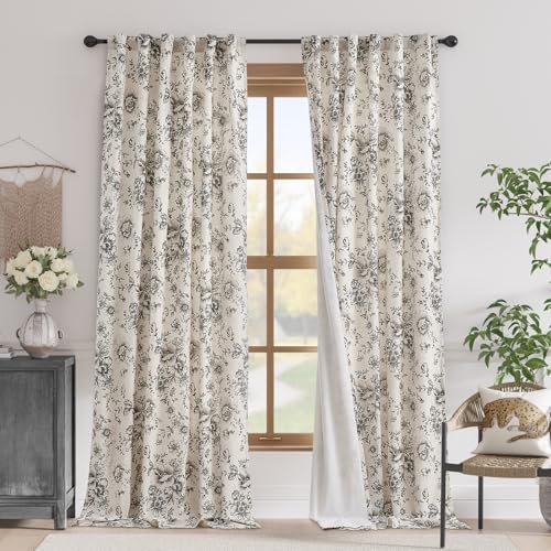 Floral Linen Blackout Curtains for Bedroom 102 Inches Long (Black / 50"W x 102"L (Pack of 2))