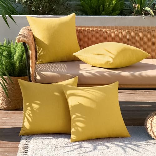 Pack of 4 Decorative Outdoor Throw Pillow Covers Linen Waterproof Pillow Covers Summer Farmhouse Cushion Cases for Patio Garden Tent Balcony Couch Sofa 18x18 Inch Yellow (18" x 18" (Pack of 4) / Yellow)