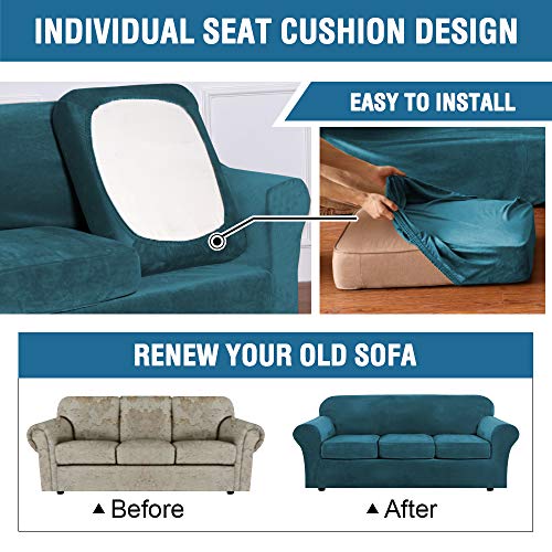 Rich Velvet Stretch 2 Piece Cover Chair Slipcover Sofa Cover Furniture Protector Couch Soft with Elastic Bottom Chair Couch Cover with Arms Width Up to 49 Inch (1 Cushion Chair / Deep Teal)