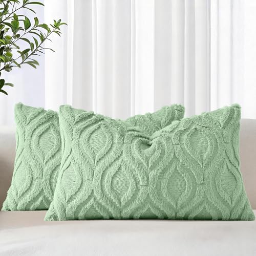Faux Fur Plush Sage Green Throw Pillow Covers 12x20 Set of 2 (20" x 12" (Pack of 2) / Sage Green)