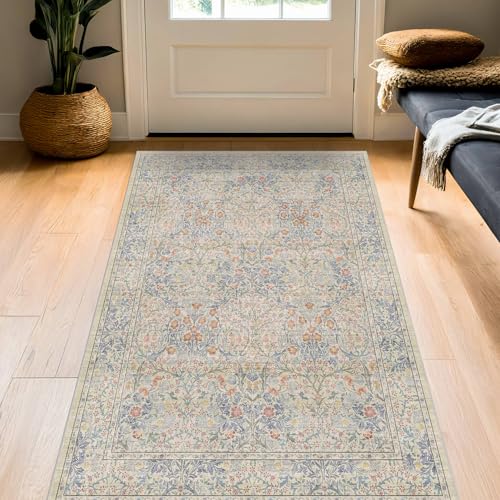 3x5 Washable Area Rug for Bedroom Beside Bed Mat (Beige Blue / 3' x 5' (Rectangular))