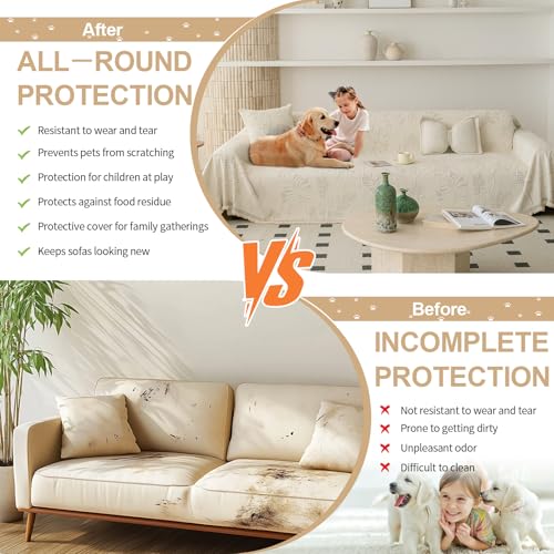 Washable Couch Covers for Sofa Boho Couch Covers for 3 Cushion Sofa Pet Friendly Beige Chenille Jacquard Couch Protector for Dogs Plant Branch Sectional Cover Sofa Slipcovers (71" x 134" / U: Beige)