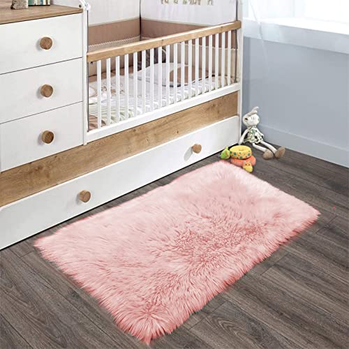 Pink 2x3 Faux Fur Rug for Bedroom Decor for Teen Girls Throw Fuzzy Fluffy Furry Sheepskin Rug for Sofa Cushion Luxury Home Décor Rectangle (2' x 3' (Rectangular) / Pink)