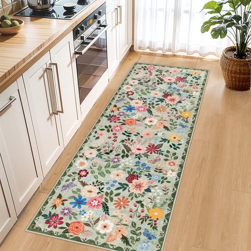 2x6 Washable Runner Rug：Floral Indoor Kitchen Soft Carpet Green (Green / 2' x 6' (Runner))
