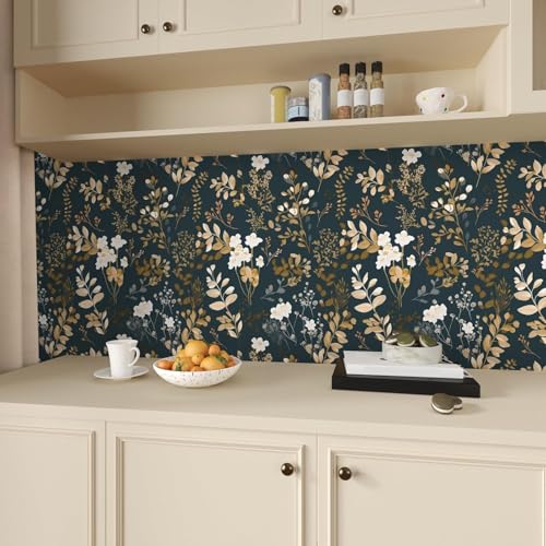Vintage Dark Navy Gold Floral Peel and Stick Wallpaper 17.5"x118" (Blue&White / 118" x 17.5")