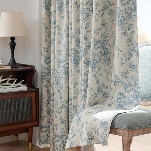 Floral Linen Blackout Curtains for Bedroom 90 Inches Long (Blue / 50"W x 90"L (Pack of 2))
