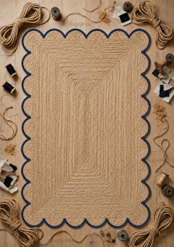 Scalloped Natural Jute Area Rug 8x10 Ft (8'x10' / Navy)