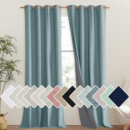 100% Absolutely Blackout Linen Curtains with Thermal Insulated Liner (52"W x 102"L (Pack of 2) / Skylark Blue)