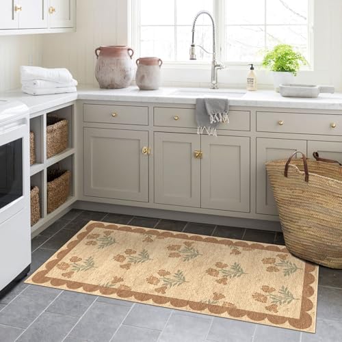 Front Door Mat Indoor Entrance (Flower - Wheat/Tan/Sage / 2' x 4'3" (Rectangular))