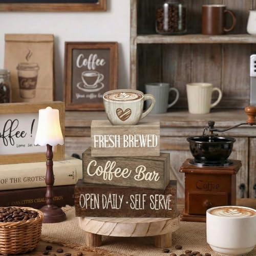 4 Pcs Farmhouse Coffee Bar Signs Decor Wooden Cafe Cup Signs (Coffee Bar Coffee Bar)