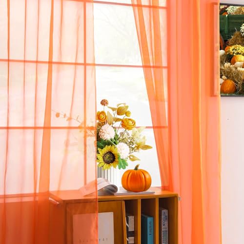 Solid Sheer Rod Pocket Curtain Voile Draperies 2 Panels White Beige Black Grey Coffee 52 Inch Width 54 Inch Long 1 Pair for Kitchen Bedroom Children Living Room Yard (Orange Red / 52"W x 54"L (Pack of 2))