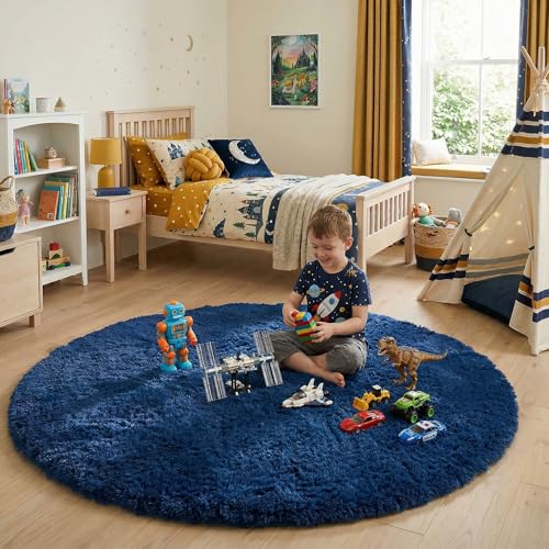 Navy Blue Round Circle Area Rug 5Ft for Boys Bedroom Living Room (Navy Blue / 5' (Round))