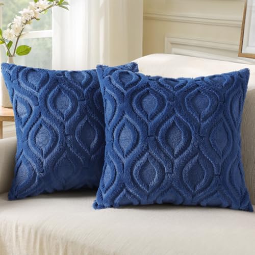 Faux Fur Plush Soft Dark Blue Throw Pillow Covers 20x20 Set of 2 (20" x 20" (Pack of 2) / Dark Blue)