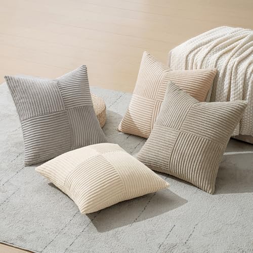 Neutral Decorative Throw Pillow Covers 20x20 Inch Set of 4 for Livingroom Couch Sofa Modern Farmhouse Soft Corduroy Cushion Cases Striped Patchwork Home Decor (20" x 20" (Pack of 4) / Neutral)