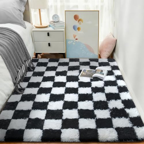 Checkered Black & White Rug for Living Room Bedroom (Checkered Black & White / 4' x 6' (Rectangular))