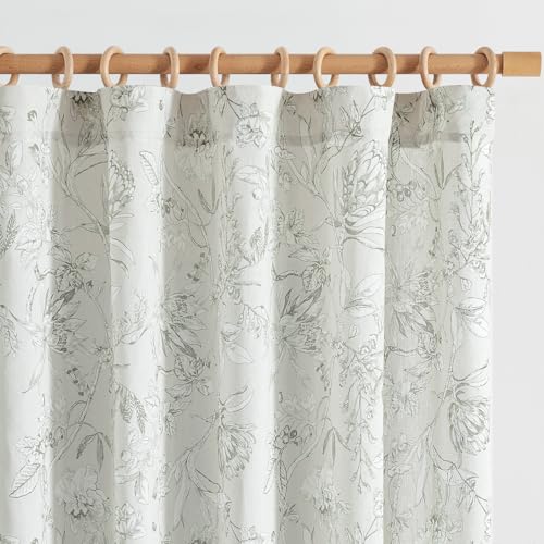 Grey Floral Linen Curtains 90 Inch Vintage Back Tab 2 Panels (Flower Grey on White / 50"W x 90"L (Pack of 2))