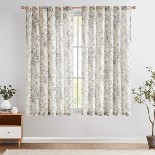 Vintage Floral Linen Curtains 54 Long for Living Room 2 Panels (Grey / 50"W x 54"L (Pack of 2))
