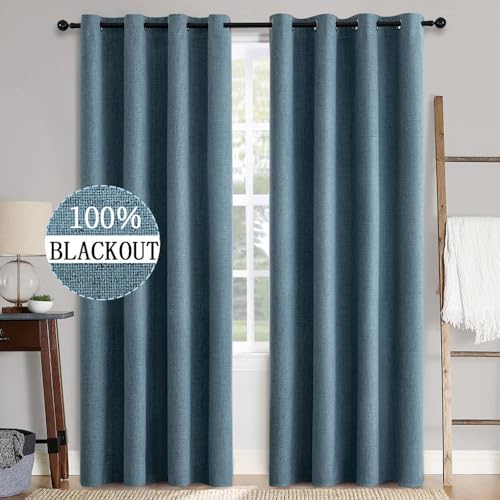 90 Inches Linen Texture Curtains for Bedroom 100% Blackout Thermal Insulated Dusty Blue Curtains Grommet Room Darkening Draperies Luxury Decor for Living Room Nursery 52x90 Inch (Dusty Blue / 52"W x 90"L (Pack of 2))