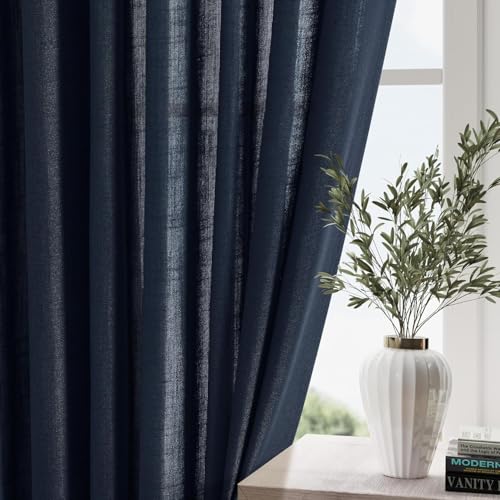 Navy Blue Semi Sheer Curtains 72 Inches Long 2 Panels Set for Bedroom Back Tab Rod Pocket Light Filtering Drapes Cotton Linen Textured Indigo Blue Farmhouse Living Room Curtain 52X72 (52"W x 72"L (Pack of 2) / Navy Blue)