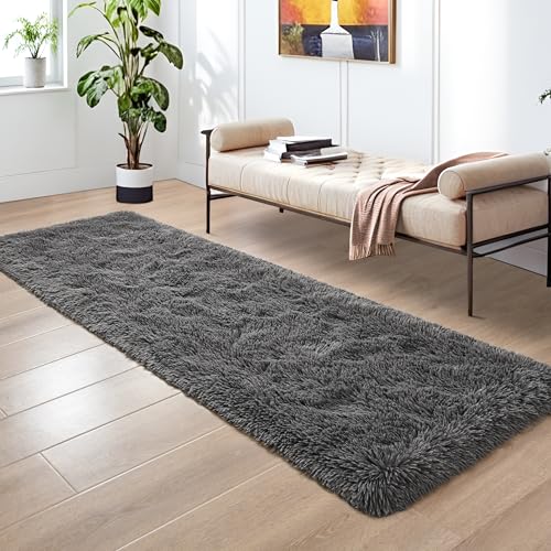 Fluffy Runner Rugs for Bedroom Aesthetic 2x6 Shag Soft Bedside Rug (Dark Grey / 2' X 6' (Runner))