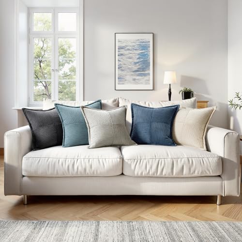 Blue Corduroy Decorative Euro Sham Pillow Covers 24x24 Inch with Splicing Set of 2 Soft Boho Pillow Covers Broadside Textured Summer Coastal Pillowcases for Couch Bed Livingroom (Blue / 24" x 24" (Pack of 2))