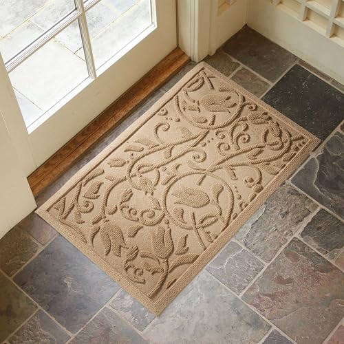 Boho Beige Floral Leaves Outdoor Indoor Entrance Doormats (Tulip-beige / 1'5" x 2'6" (Rectangular))
