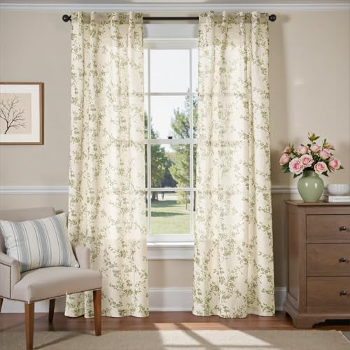 Extra Long Green Vintage Floral Linen Curtains Farmhouse 2 Panels (Green on Beige / 38"W x 108"L (Pack of 2))