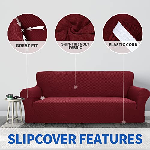 1 Piece Jacquard Couch Covers for 3 Cushion Couch High Stretch Sofa Cover for Pets Dogs Anti Slip Extra Large Sofa Slipcovers Furniture Protector (X-Large (91"-112") / Wine Red)