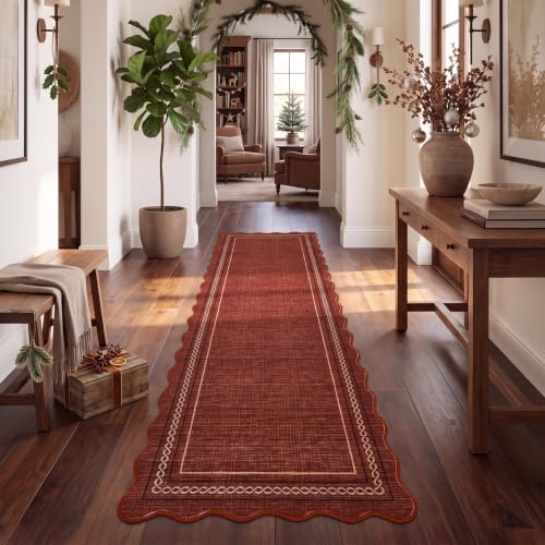 Scalloped Washable Runner Rug 2x10 Non Slip Kitchen Rugs (Rust Red / 2' x 10' (Runner))