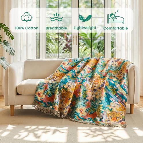 Boho Throw Blanket 50"x60" Fall Cotton Leopard Animals Blanket (Leopard Forest / 50"x60")