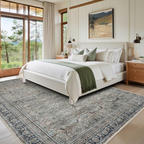 Green Retro 8x10 Washable Area Rugs for Living Room (8' x 10' (Rectangular) / Green-olive-beige-brown-charcoal)