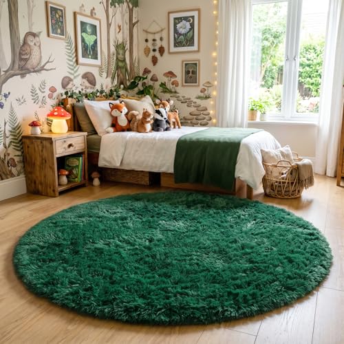 Dark Green Round Fuzzy Rug 4Ft for Kids Bedroom Living Room Dorm (Dark Green / 4' (Round))