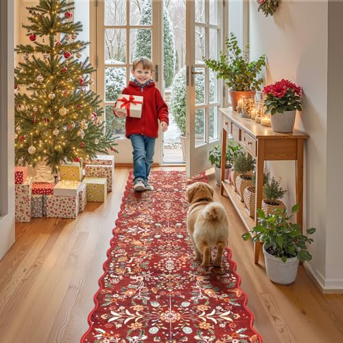 2x8 Christmas Runner Rug Washable Christmas Holiday Carpet Runner (Red Christmas Floral / 2' x 8')