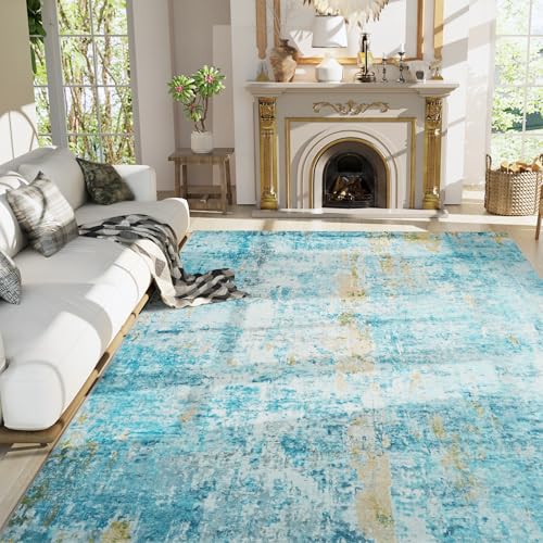 Living Room Rug 8x10 Teal Blue Area Rugs Machine Washable Abstract Boho Large Rug Non (Teal Blue / 8' x 10' (Rectangular))