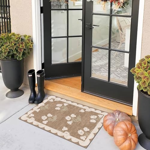 Front Door Mat Outside Entrance (Flower - Brown / 2' x 3' (Rectangular))