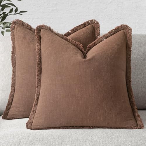Linen Fringe Decorative Fall Euro Pillow Covers Dark Coffee 24x24 (24" x 24" (Pack of 2) / Dark Coffee)