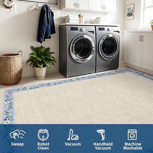 Entryway Rug 2x6 Modern Bordered Runner Rug Washable Kitchen Runners for Hallway Non (Beige/Blue / 2' x 6' (Rectangular))