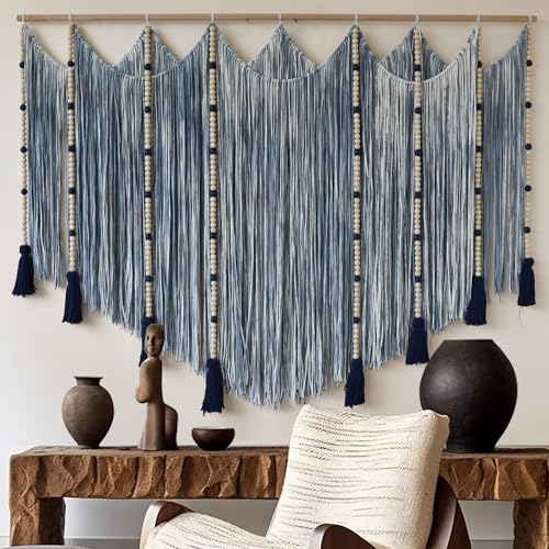 Macrame Wall Hanging Blue Dip Dye Bead Boho Home Decor 57"x43" (Blue)