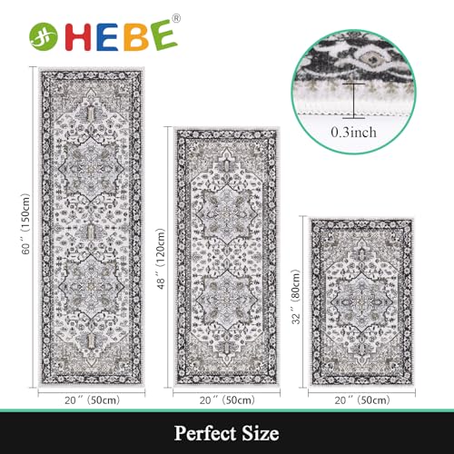 HEBE Boho Kitchen Rugs Set of 3 (Black/Brown / 20"x32"+20"x48"+20"x59")