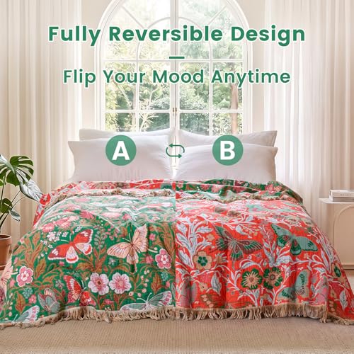 Boho Throw Blanket 50"x60" Fall Cotton Butterfly Floral Blanket (Green Butterfly / 50"x60")