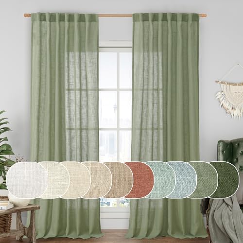 Sheer Linen Curtains for Living Room Bedroom 102 Inch Length (Sage Green / 52"W x 102"L (Pack of 2))