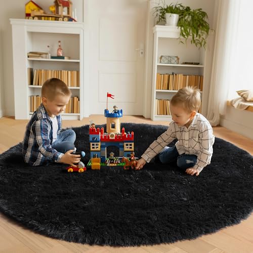 Black Fluffy Round Rug Circle Area Rugs 4ft for Kids Girls Boys Bedroom (Black / 4' (Round))