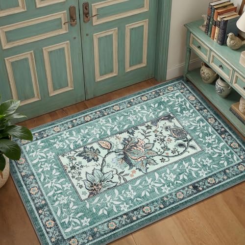 Teal 2x3 Door Mat Indoor Rugs for Entryway Provence Small Botanical Grove Cottage core Washable Non (Teal / 2' x 3' (Rectangular))