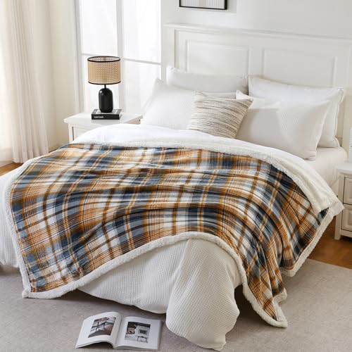 Sherpa Blanket Queen Plaid Thick Bed Blanket (Blue Yellow Check / 80"*90")