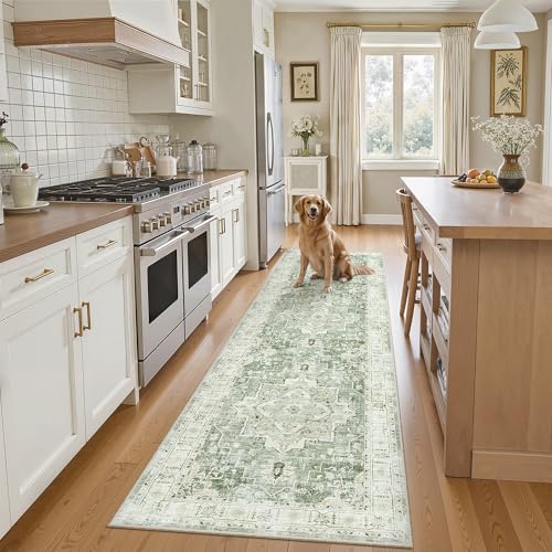 Hallway Runner Rug 2x8 Washable Kitchen Rugs Non (Green/Ivory / 2' x 8' (Runner))