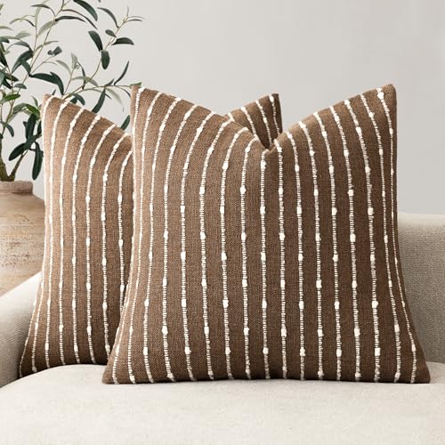 Decorative Striped Boucle Throw Pillow Covers 22x22 Inch Brown (22" x 22" (Pack of 2) / Brown)