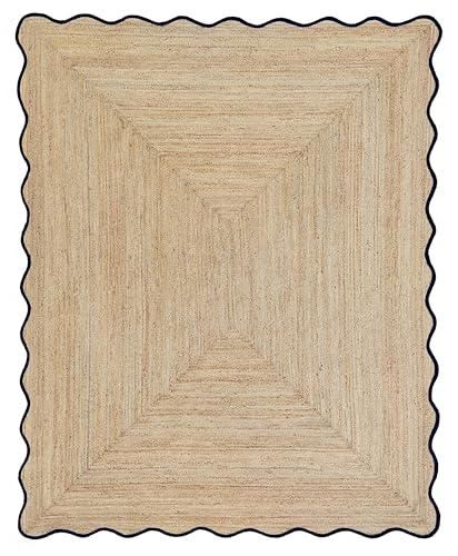Wave Scalloped Natural Jute Rug (Black / 5'x7' (Rectangular))