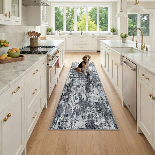 Washable Runner 2'x7' Abstract Area Rug for Hallway Black White (Black/Navy Blue/Gray / 2' x 7' (Runner))