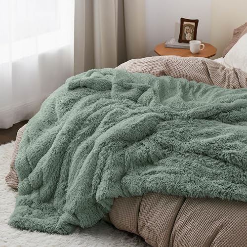 Faux Fur Fluffy Sherpa Fleece King Bed Blanket Sage Green 108"x90" (12- Sage Green / King (108" X 90"))