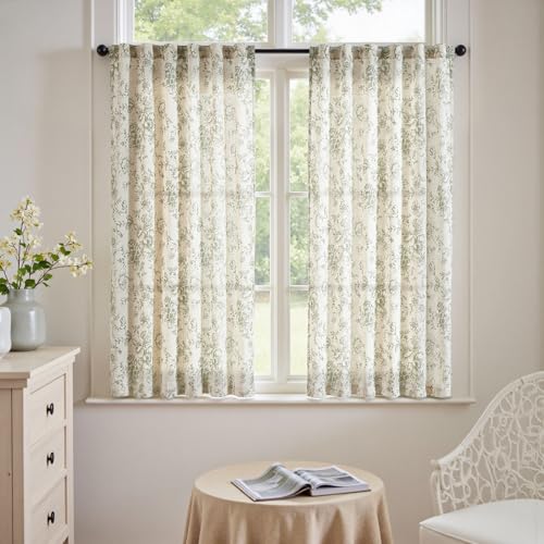 Vintage Floral Linen Curtains 54 Long for Living Room 2 Panels (Green / 50"W x 54"L (Pack of 2))
